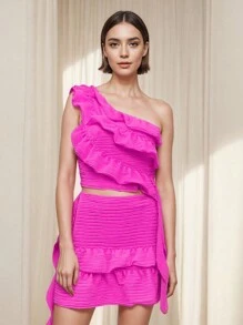 New Summer 2pcs Set Women Pleated One Shoulder Ruffle Asymmetric Tank Top And Short Skirt, Suitable For Daily Wear, Commuting, And Casual Outing - Hot Pink - View 2