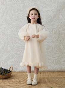 Nuovo vestito da principessa in tulle floreale da ragazza per la primavera, abito da cerimonia in stile patchwork color albicocca soffice, adatto per feste di compleanno, vacanze, damigella con maniche a lanterna