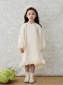 Nuovo vestito da principessa in tulle floreale da ragazza per la primavera, abito da cerimonia in stile patchwork color albicocca soffice, adatto per feste di compleanno, vacanze, damigella con maniche a lanterna