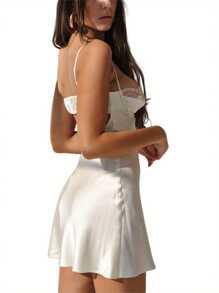 Womens Dress, Solid Color Patchwork Lace Sleeveless Hollow-Out Backless Spaghetti Strap Mini Dress