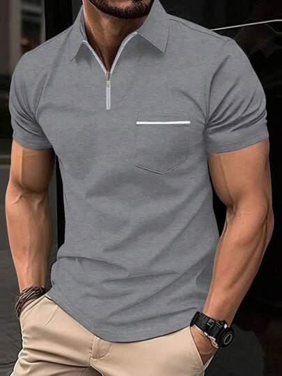 1 件新款休闲男士灰色拉链口袋短袖 Polo 衫，适合夏季