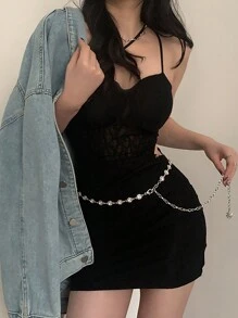 1条银色合金花卉链镶嵌水钻时尚细腰链，新款时尚精致金属腰链装饰，适合夏季、秋季、万圣节等场合的连衣裙搭配。 - 銀色 - 查看 7