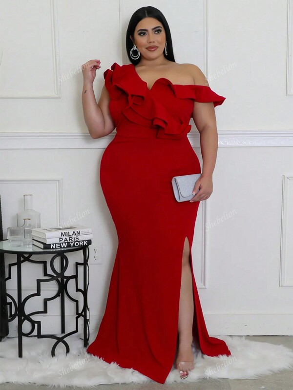 Vestido formal plus size elegante com fenda alta e babados, vestido de festa, vestido para convidada de casamento