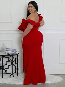 Plus Size Elegant High Slit Ruffle Hem Formal Dress, Party Dress, Wedding Guest Dress - Red - View 2