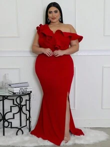 Plus Size Elegant High Slit Ruffle Hem Formal Dress, Party Dress, Wedding Guest Dress - Red - View 3