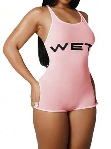 WEGIRL Sexy U-Neck One-Piece Romper,Spaghetti Strap Sleepwear Bodysuit With "WET" Print, Home Loungewear,Lingerie Playsuits,Casual Loungewear Playsuit For Daily Casual,Home Lounge - Hồng - Xem 7