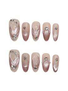 10 Stück Meerjungfrau-Fischschwanz-Perlendekoration, rosa Katzenauge, handgefertigte französische Aufdrücknägel, glitzernde Valentinstagsnägel, mittellange ovale künstliche Nägel, DIY-Nagelkunstzubehör, wiederverwendbar, mit Gelee-Kleber und Nagelfeile