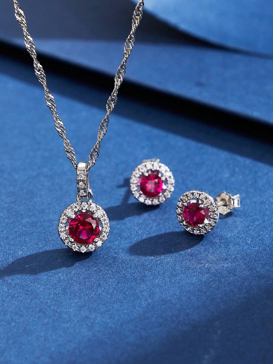 AETOLIA 1 套正品 925 纯银项链耳环经典圆形红宝石吊坠新娘首饰套装适合女性在约会婚礼上佩戴 - 925純銀 - 查看 1