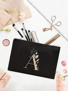 A Black Makeup Bag With The Initials A~Z Printed On It, Featuring A Green Leaf Pattern Print,Cosmetic Bag,Portable Wash Bag,Teacher's Day Gift, Reusable Makeup Bag, Women's Simple And Large Capacity Travel Makeup Bag