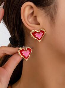 1 Cặp bông tai đính đá hình trái tim màu đỏ và hồng độc đáo thời trang dành cho phụ nữ, thích hợp cho ngày lễ tình nhân - Nhiều màu - Xem 2