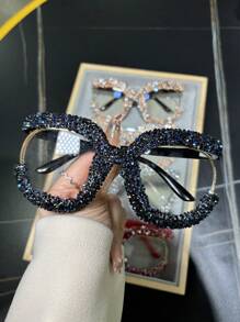 1pc Oversized Round Fashionable Glasses With Diamond Studded Half Frame, Personalized Multifunctional Glasses Frame, Transparent Glasses, Shiny Accessories - 無色 - 查看 6