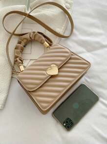 女士时尚纯色压花方形手提包，适合日常使用 - 卡其色 - 查看 6