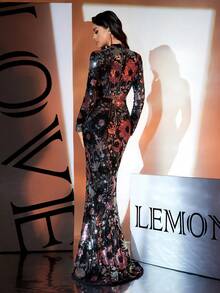 LOVE&LEMONADE Black Long Sleeve Stand Collar Sequin Printed Long Evening Dress (Non-Match Front-Back Floral Pattern, Random Floral Design), Party Dress, Wedding Guest Dress, Formal Dress,Gown - Black - View 7