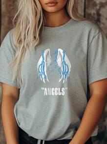 Women's Plus Size Y2K Punk Wings Letter Hip Hop Return Print T-Shirt Fashion Short Sleeve Round-Neck Tops Summer Streetwear - Grey - View 1