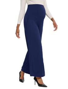 Buttery Soft High Waisted Over The Belly Full Length Wide Leg Maternity Yoga Palazzo Pants - Blue - View 5