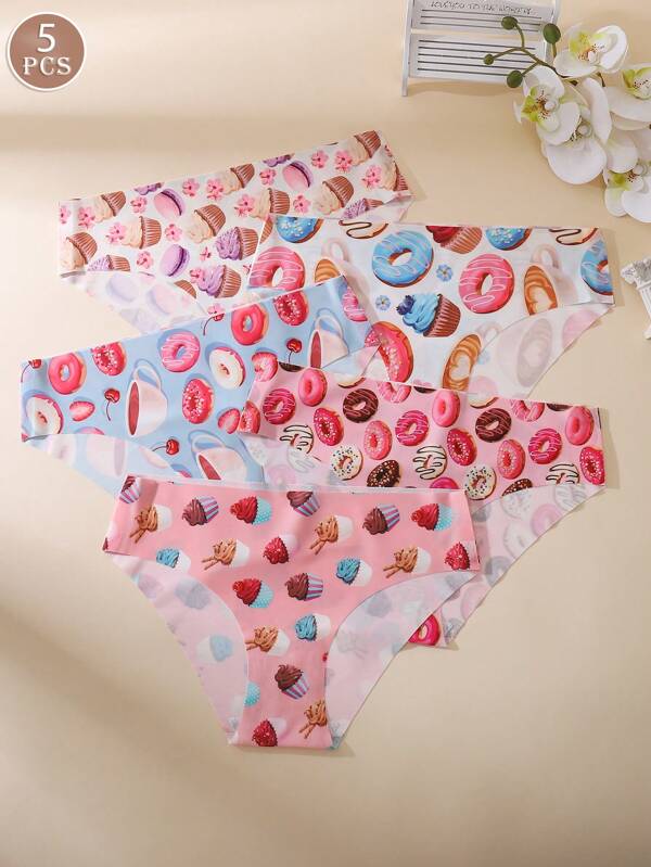 5 Pairs Cake, Donut, Ice Cream Print Seamless Breathable Bikini Panties Underwear, Peach Butt, Girly Design
