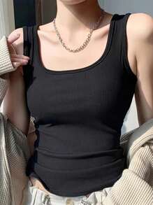 2Pcs Women's Slim-Fit Sleeveless Tank Tops, Scoop Neck Ribbed Knit Summer Vest, Black & White