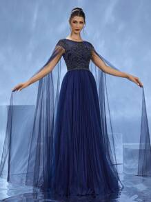 DELLA COUTURE Handmade Beaded Formal Dress, Elegant Fitted Luxurious Long Gown For Women, Suitable For Parties, Galas, Weddings And Other Formal Occasions, Flared Hem Cocktail Ball Gown, Party Dress, Wedding Guest Dress, Evening Dress - Royal Blue - View 4