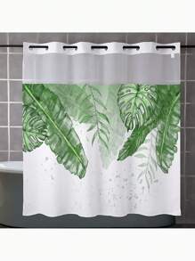 1pc Unhooked Nordic Green Leaf Pattern Shower Curtain, Shower Curtain With Snap-In Fabric Lining, Transparent Ceiling Window, Floral Waterproof Double Tub Curtain , Bathroom Accessories