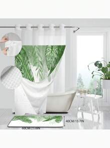 1pc Unhooked Nordic Green Leaf Pattern Shower Curtain, Shower Curtain With Snap-In Fabric Lining, Transparent Ceiling Window, Floral Waterproof Double Tub Curtain , Bathroom Accessories