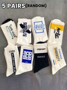 5 Pairs Of Random Men's Letter Stripe Pattern, Simple Street Fashion Retro Soft And Comfortable Casual Socks, Suitable For Home Leisure Or Outdoor Sports Wear, Fall Socks