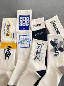 5 Pairs Of Random Men's Letter Stripe Pattern, Simple Street Fashion Retro Soft And Comfortable Casual Socks, Suitable For Home Leisure Or Outdoor Sports Wear, Fall Socks