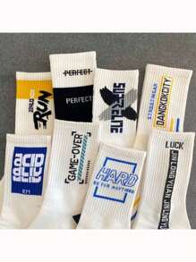 5 Pairs Of Random Men's Letter Stripe Pattern, Simple Street Fashion Retro Soft And Comfortable Casual Socks, Suitable For Home Leisure Or Outdoor Sports Wear, Fall Socks
