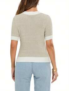 Women's Summer Knit Tops Contrast Color Pearl Button Short Sleeve Round Neck Sweater Cardigans - Khaki - View 2