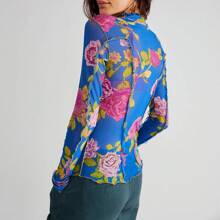 Women's Long Sleeve Mesh Tops See Through Sheer Tee Shirts Mock Neck Floral Print Crop Tops Y2K Layering Top Blouses For Party Club Casual - Màu xanh lam - Xem 2