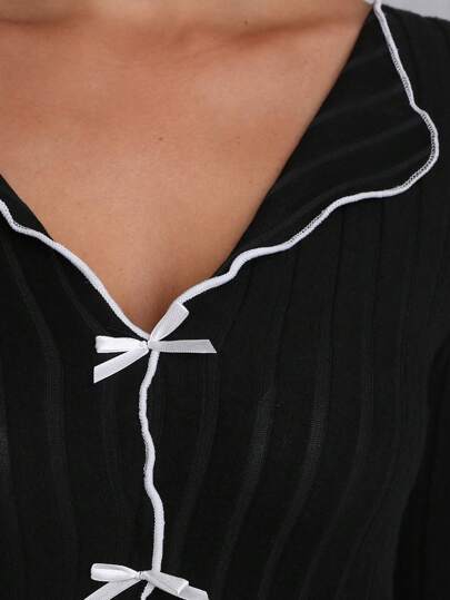 Gestreepte Fleece Lined Pajama Set Bow Neck Ruffle Hem Bell Sleeve Top Pants, Com Tafel Home Wear Two Pieces Suit, Cozy Outfit, Fall Clothes view 8