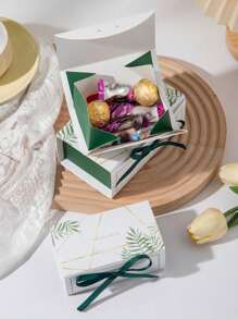 10pcs Leaf Print Gift Box With Ribbon, Paper Candy Box For Wedding