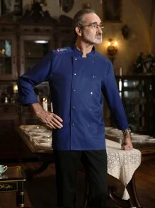Long Sleeve Blue Chef Jacket, Soft Fabric, Satin-Like Material, Skin-Friendly And Comfortable, Single-Breasted Design, Classic Style, Simple And Fashionable, Suitable For Catering, Bakery, Hotel Kitchen, Restaurant Back Kitchen, Autumn/Winter/Spring Long Sleeve Unisex Chef Uniform - Blue - View 6