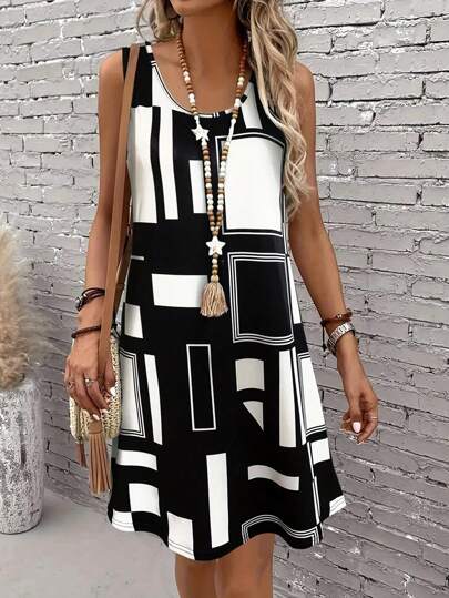 Vacation Outfits Women Geometric Pattern Sleeveless Dress For Summer Clothes, Midi Dresses,Daily Dresses For Women Summer