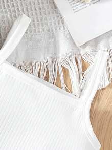 Conjunto de 3 peças para meninas: colete jeans preto lavado com botões prateados + parte inferior jeans preta lavada com bolso contrastante e bainha plissada + blusa suspensória de malha canelada branca, estilo moderno e adorável para primavera/verão - Branco - Ver 4