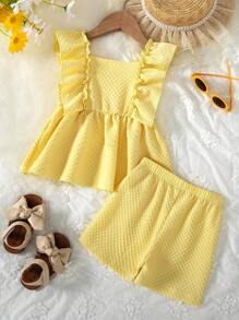 2pcs/Set Young Girl Casual Solid Color Square Camisole Dress And Elastic Waist Shorts Set, Suitable For Daily, Home, Outdoor And Sport Use, Spring/Summer