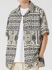 1pc Men's Geometric Print Patchwork Short Sleeve Casual Shirt, Button Down, Boyfriend Style, Suitable For Beach, Travel, Daily Wear, Turn-Down Collar
