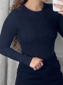 Premium Ribbed Knit Long Sleeve Blouse Round Neck Stylish Winter - Màu xanh hải quân - Xem 6