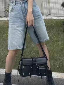 Dedoo 2025新款女士纯色单肩包，纯色大容量多口袋复古Y2K长款单肩包，可腋下携带，嬉皮时尚单肩包，适合酷女孩手提包和钱包 - 黑色 - 查看 4