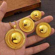 3pcs/Set Classic Golden Color African Style Jewelry Set: Pendant Necklace, Ring, Earrings, Bride Accessories For African Wedding, Gift - A - View 5