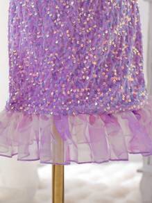 女孩紫色亮片蝴蝶结无袖网眼紧身连衣裙，适合演奏会、婚礼、生日派对 - 紫羅蘭色 - 查看 6