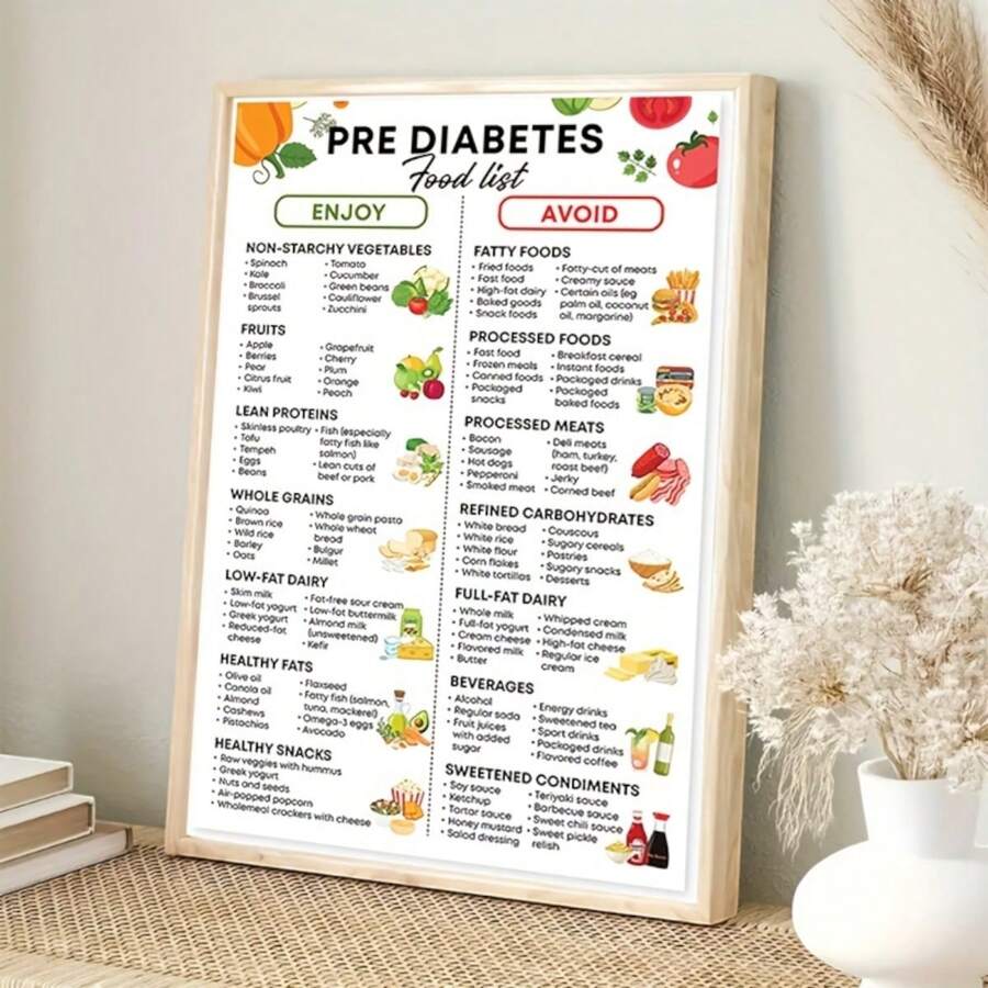 1pc, Unframed, 12 X 18 Inches, Pre- Food List Poster, Low Sugar Food Poster, Grocery List Picture, Type 2 Canvas Print, Pre- Chart, Pre- Diet Chart, Perfect For Room Decor