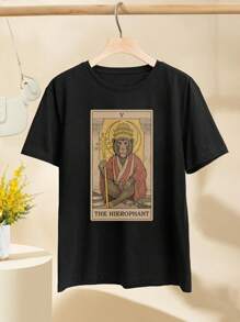 The Hierophant - Monkeys Tarot A Mystical Vintage Design For Women's Women's T-Women Shirt Featuring Halo Hierophant Monkey Religious Robe Staff Surrealism And Tarot - Black - View 2