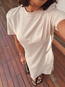 Women's Plain Midi Casual Cotton Dress - 杏色 - 查看 5