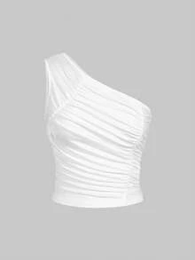 Sexy Slim Fit Pleated Asymmetrical Neck Sleeveless Crop Top
