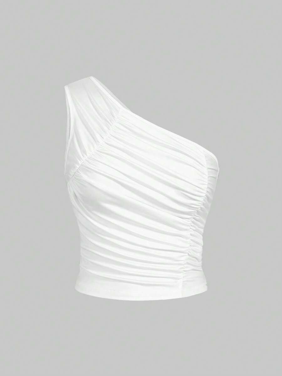 Sexy Slim Fit Pleated Asymmetrical Neck Sleeveless Crop Top