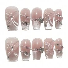 10 件装短方形按压指甲，带 3D 蝴蝶结设计假指甲，适合舞台表演佩戴