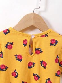 H HIBOBI 斋月女婴黄色碎花连衣裙 - 短袖蕾丝细节，后背钥匙孔纽扣设计，适合开斋节聚会和探亲访友 - 黃色 - 查看 4