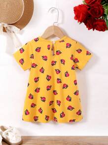 H HIBOBI 斋月女婴黄色碎花连衣裙 - 短袖蕾丝细节，后背钥匙孔纽扣设计，适合开斋节聚会和探亲访友 - 黃色 - 查看 2