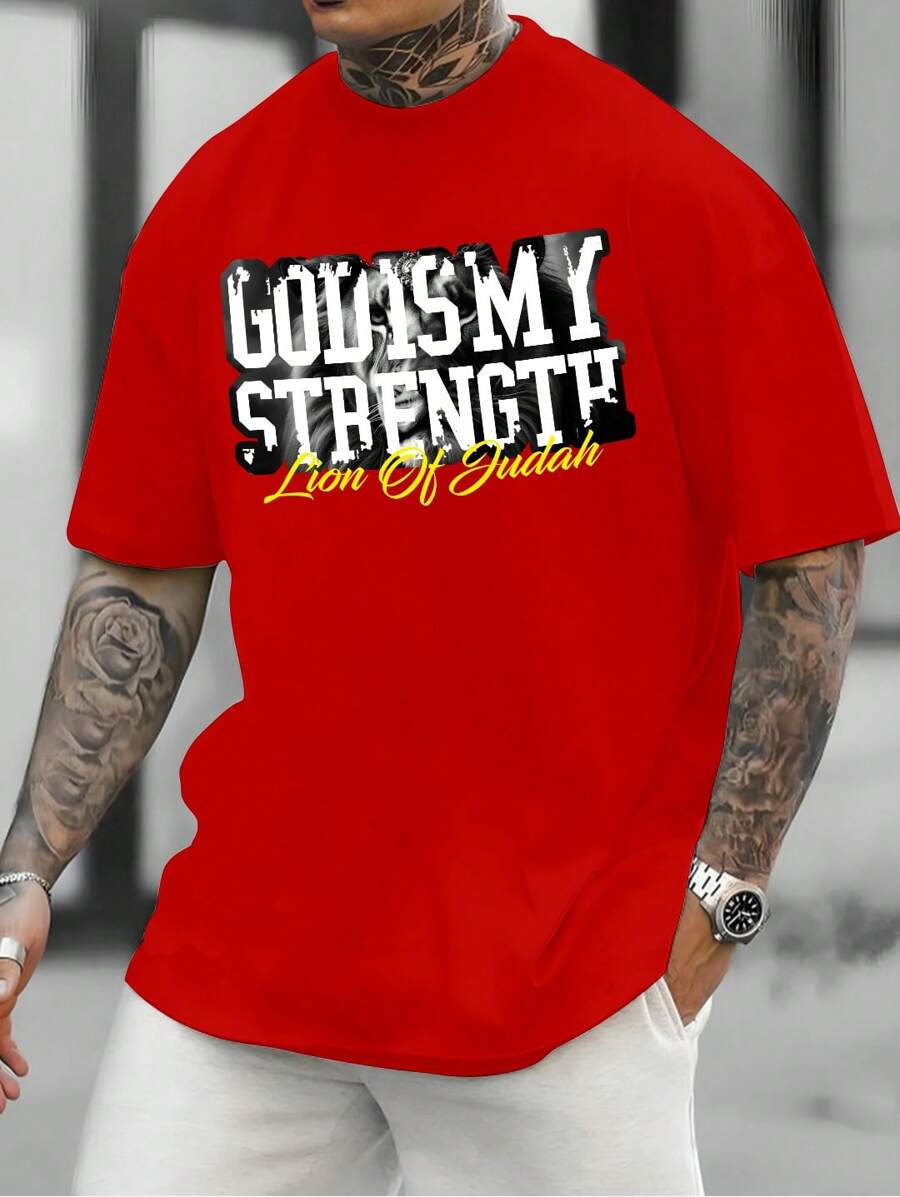Men's Streetwear T-Shirt 100% Cotton Printed God Is My Strength Premium Unisex Shirt - 紅色 - 查看 1