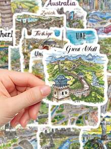 50pcs Handpainted Travel Map Stickers, Cartoon City Style, High-Quality DIY For Phone Case, Waterproof Scrapbooking Stickers,School Supplies,Back To School